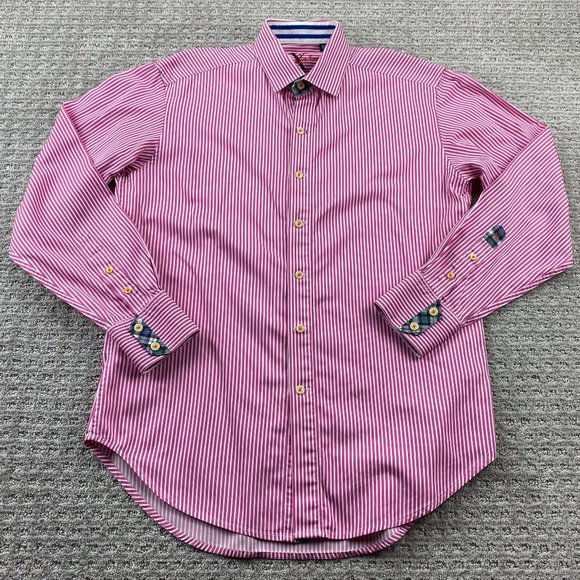 Robert Graham X Shirt Men Medium M Pink White Striped Button Up Long Sleeve - Picture 1 of 12